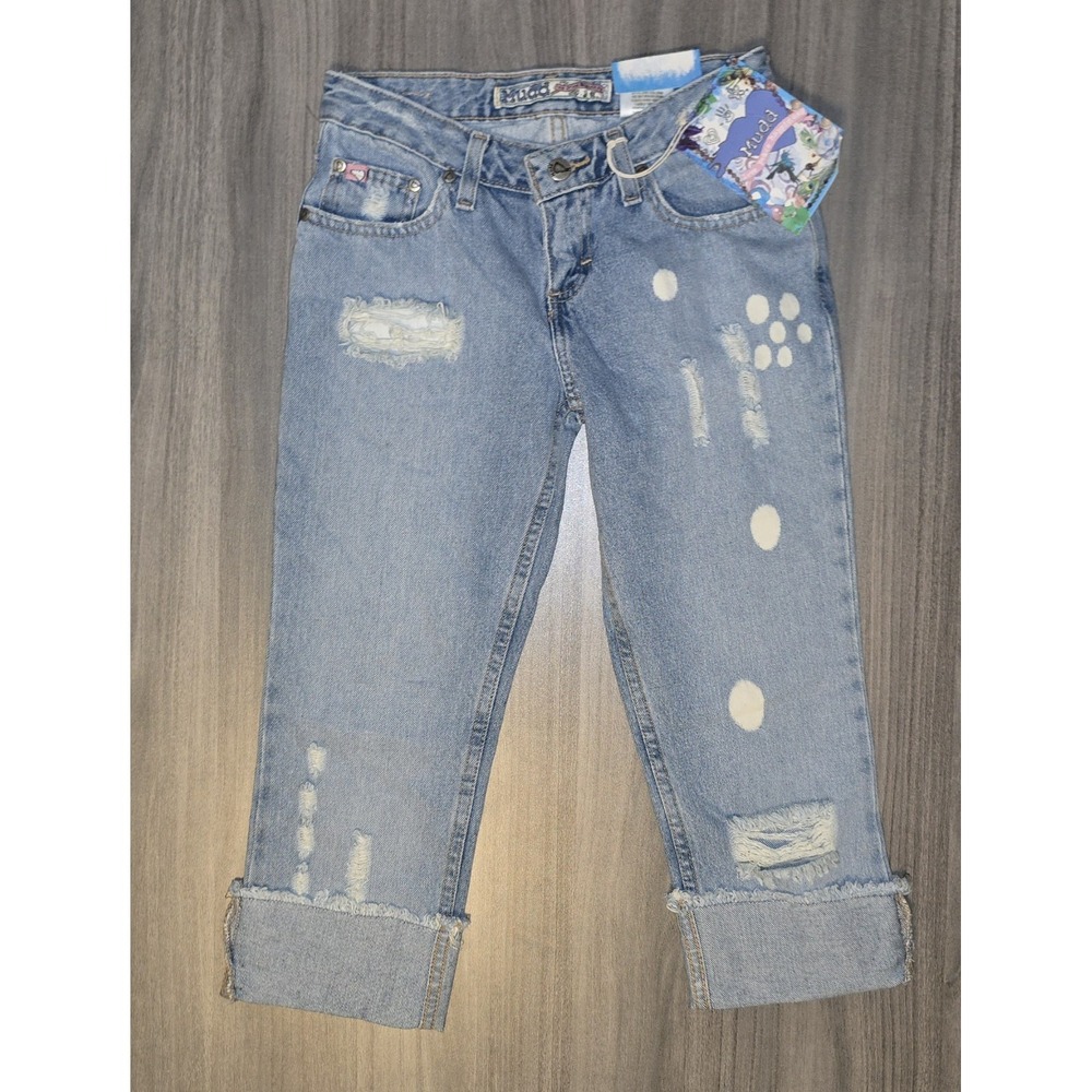 NWT VINTAGE RARE Mudd Y2K Distressed Paint Splatter Cuffed Capris Festival Sz 0